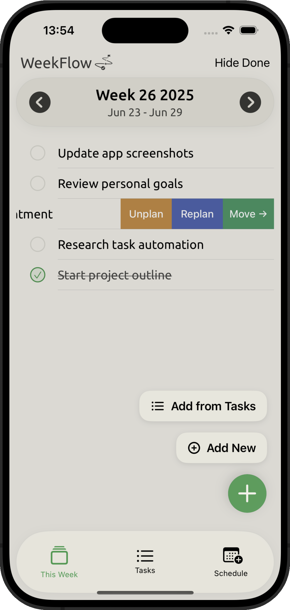 WeekFlow weekly planning interface