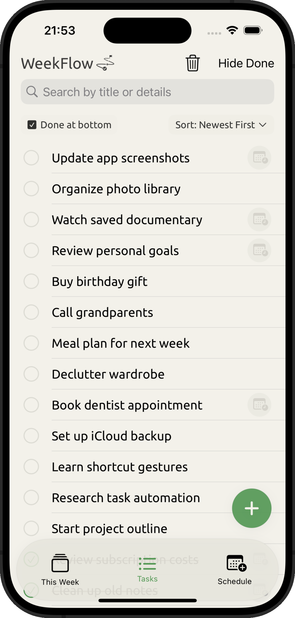 WeekFlow weekly planning view